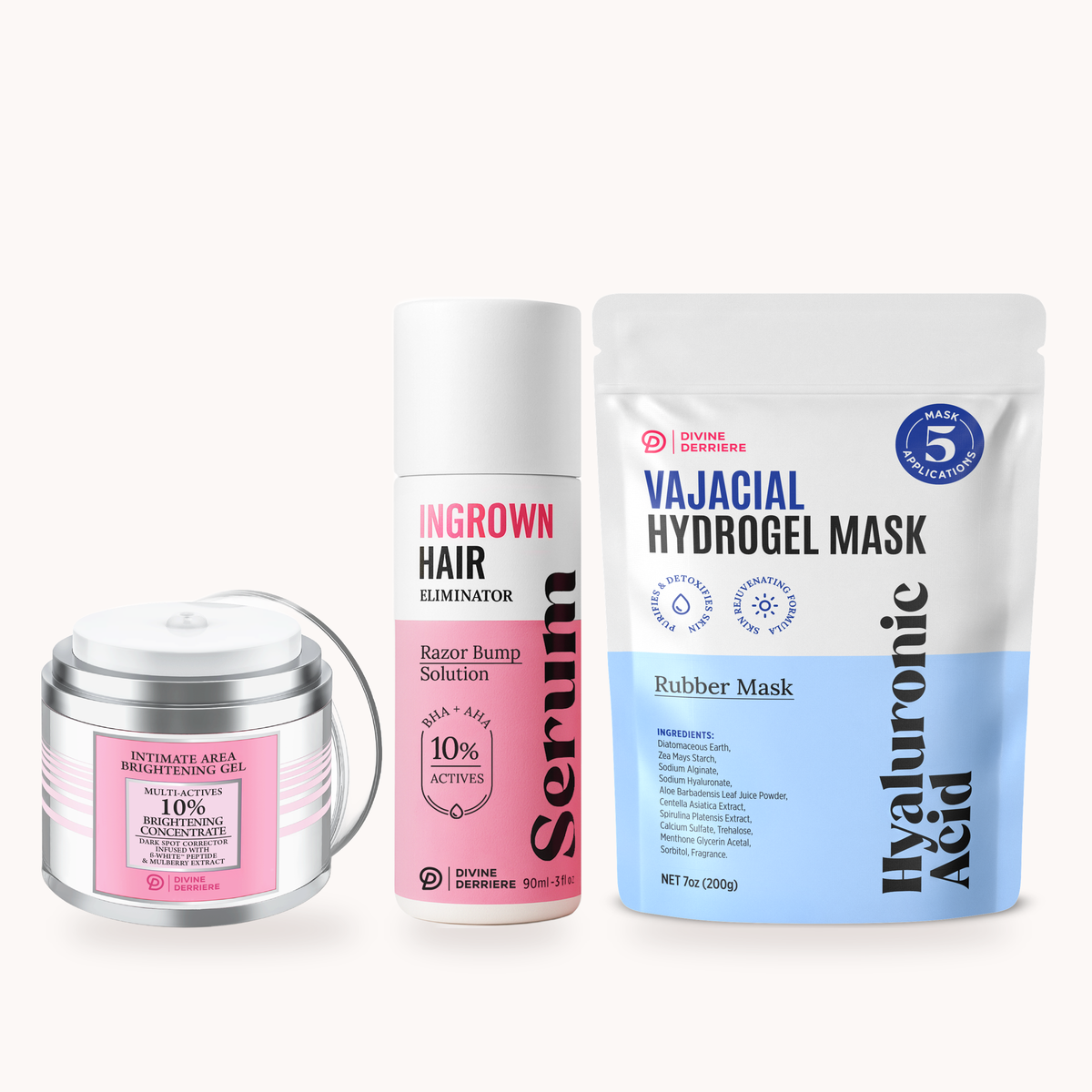Bikini Reset Trio: Intimate Brightening Gel, Ingrown Hair Serum, Hyaluronic Vajacial Kit