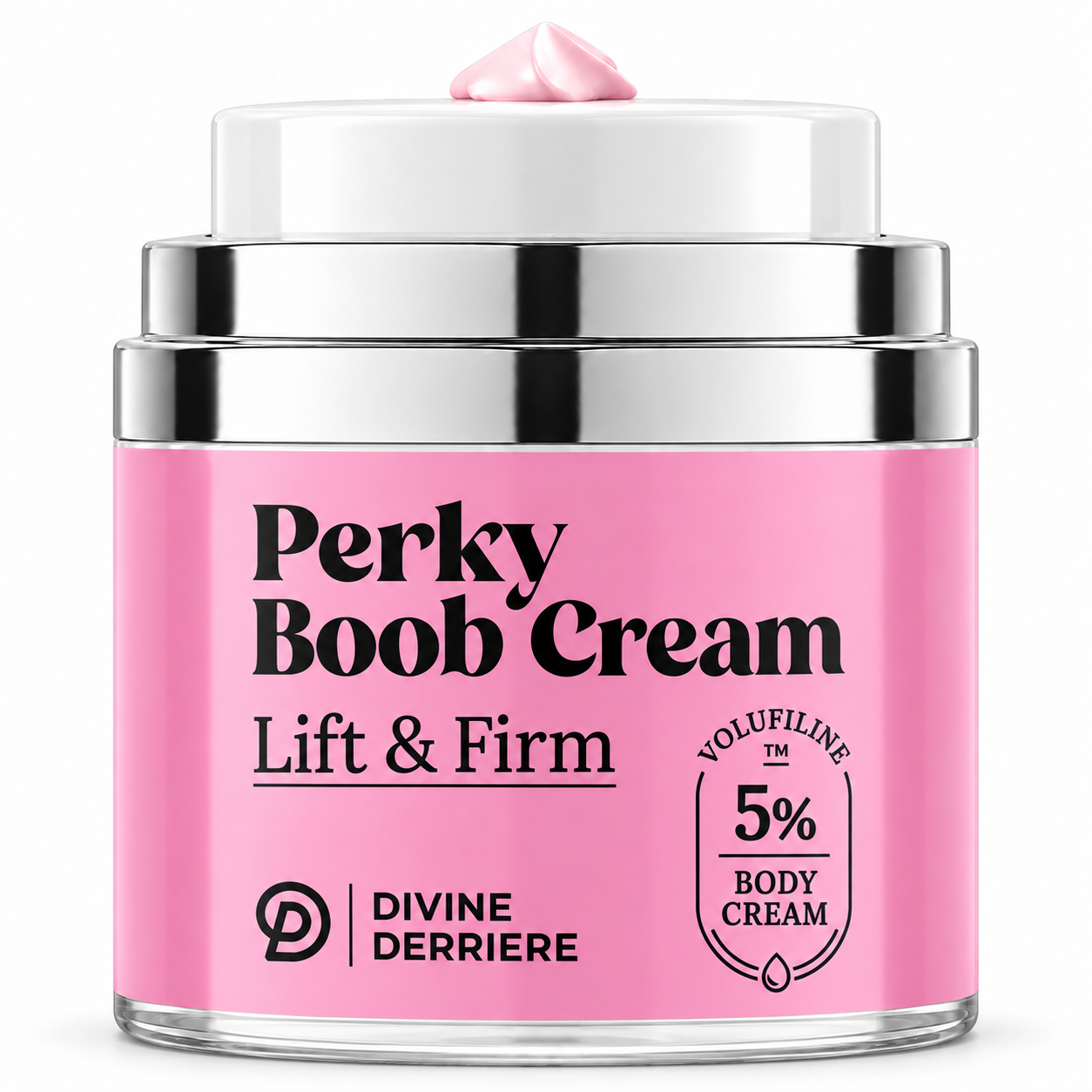 Perky Boob Cream, upright and uncapped with pink cream on its pump on white