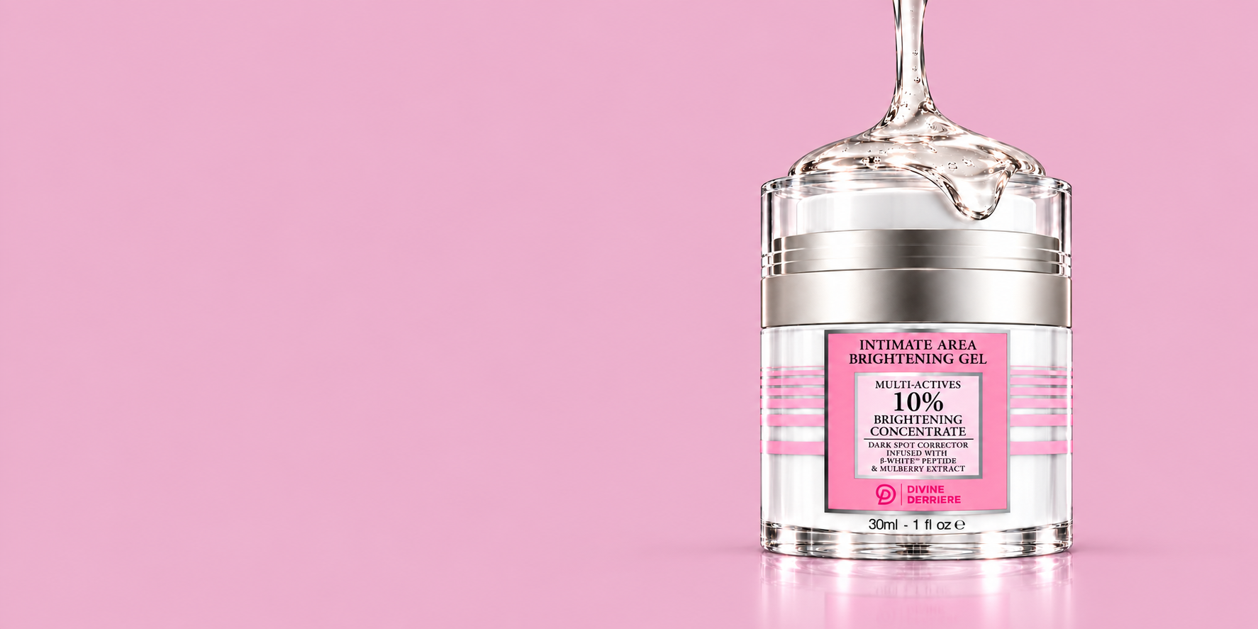 Clear gel pouring over the Divine Derriere Intimate Brightening Gel jar against a continuous orchid pink background