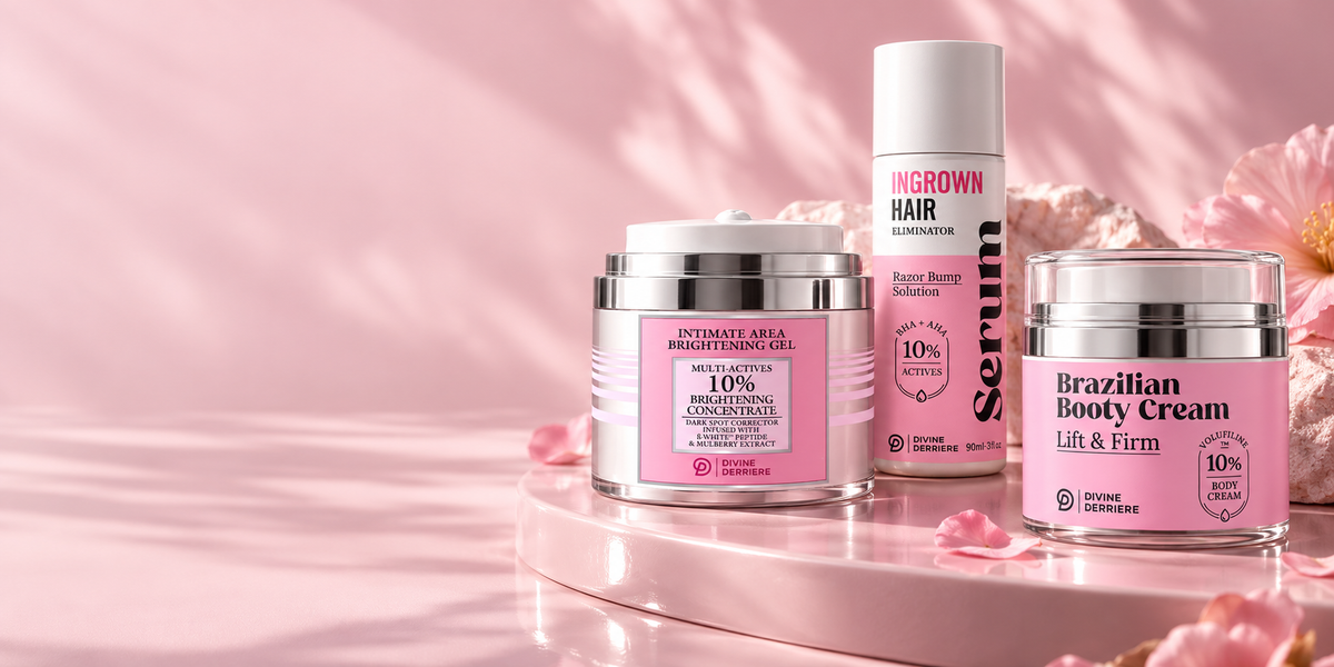 Intimate Brightening Gel, Ingrown Hair Serum and Brazilian Booty Cream in current Divine Derriere packaging