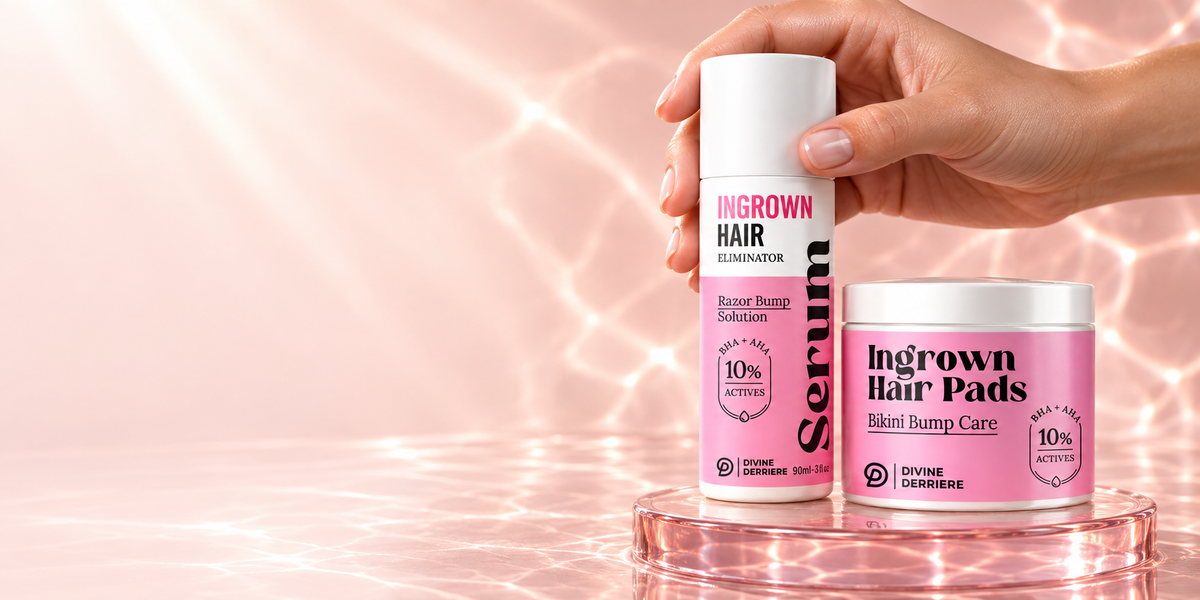 Ingrown Hair Serum and Ingrown Hair Pads in a pink skincare campaign