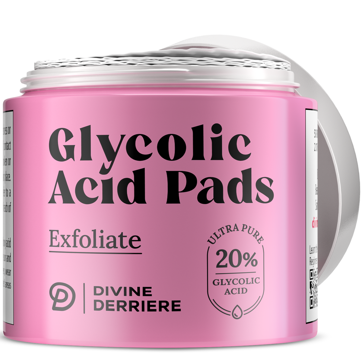Divine Derriere Glycolic Acid Pads with current DD logo, open jar showing exfoliating pads