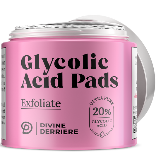 Divine Derriere Glycolic Acid Pads with current DD logo, open jar showing exfoliating pads