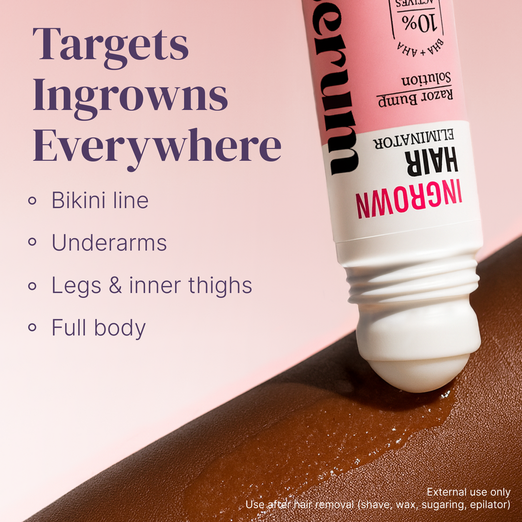 Ingrown Hair Serum rollerball application on skin and areas of use