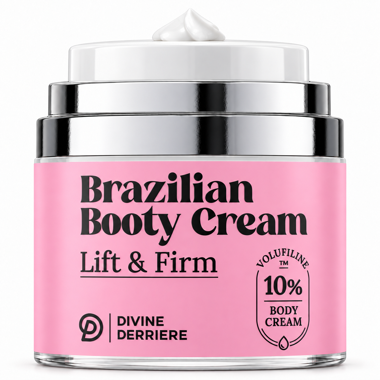 Brazilian Booty Cream, upright and uncapped with white cream on its pump on white