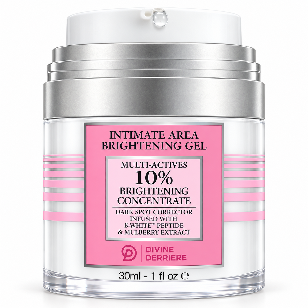 Intimate Brightening Gel, upright with exposed pump and clear gel bead on white