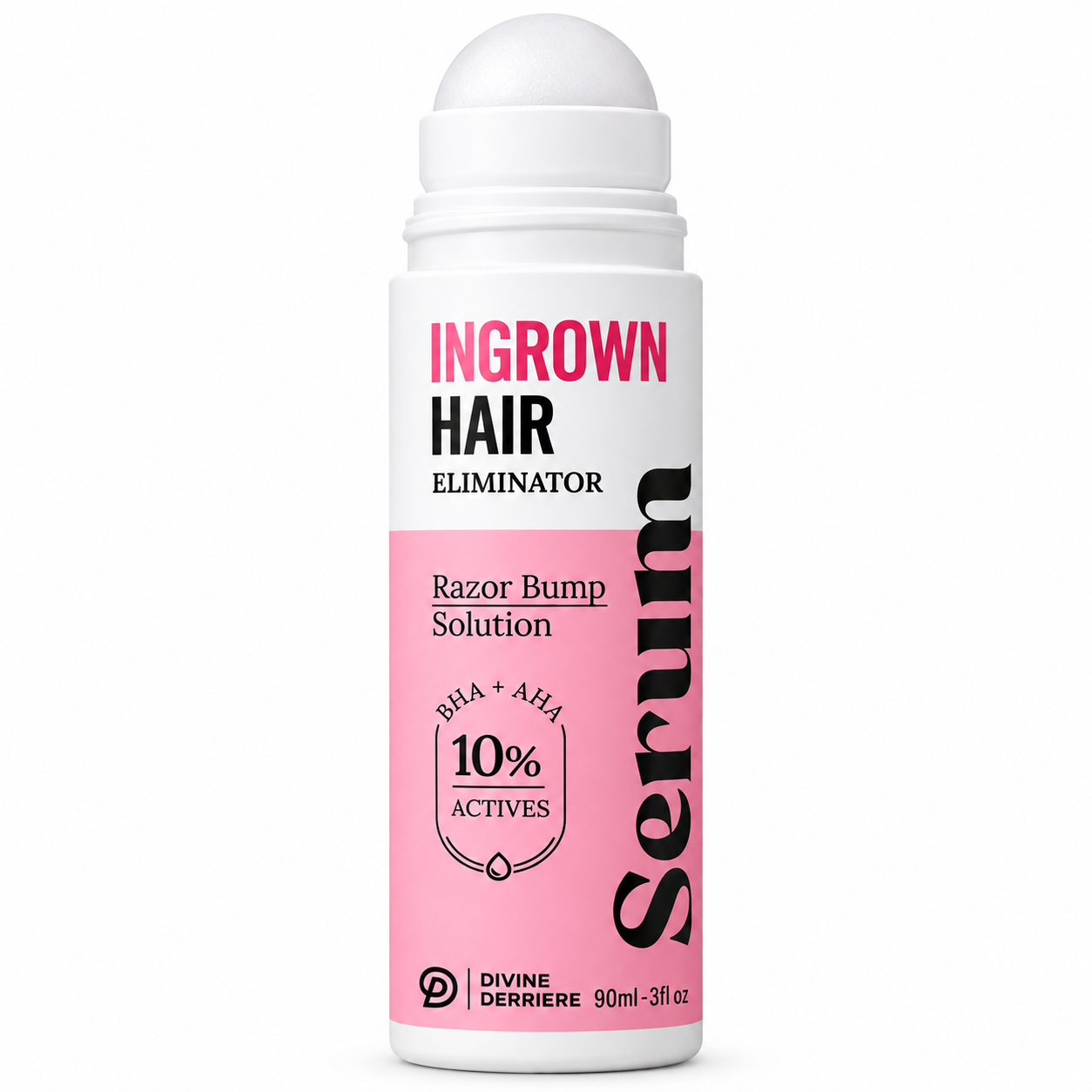 Uncapped Ingrown Hair Serum roll-on, upright on white