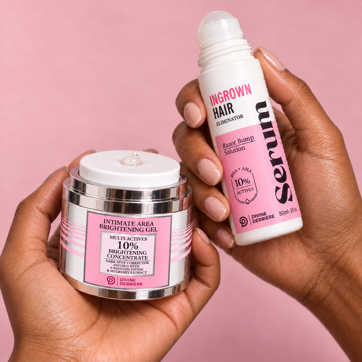 Open Intimate Brightening Gel and uncapped Ingrown Hair Serum held in hands against a soft pink background